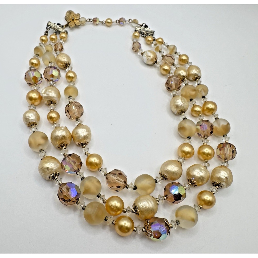 VENDOME Vintage Triple Strand Necklace Crystal Faux Pearl Signed 16" Warm Tones